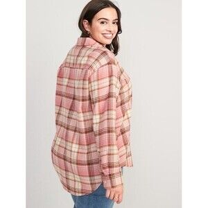 Old Navy The Boyfriend Shirt Pink Beige Neutral Plaid Flannel Long Sleeve 3X NWT